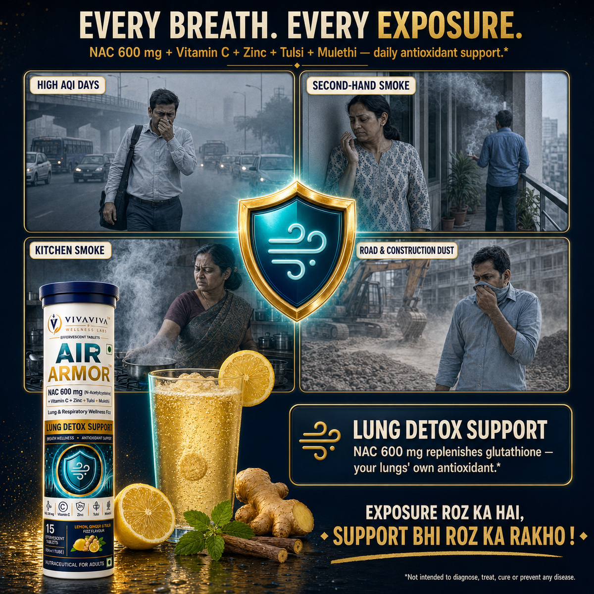 VIVAVIVA Air Armor | NAC 600 mg Lung Detox Drink for smokers and air pollution Effervescent Tablets with Tulsi, Mulethi, Vitamin C & Zinc | 30 Tablets