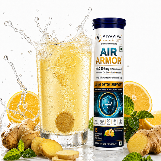 VIVAVIVA Air Armor | NAC 600 mg Lung Detox Drink for smokers and air pollution Effervescent Tablets with Tulsi, Mulethi, Vitamin C & Zinc | 30 Tablets
