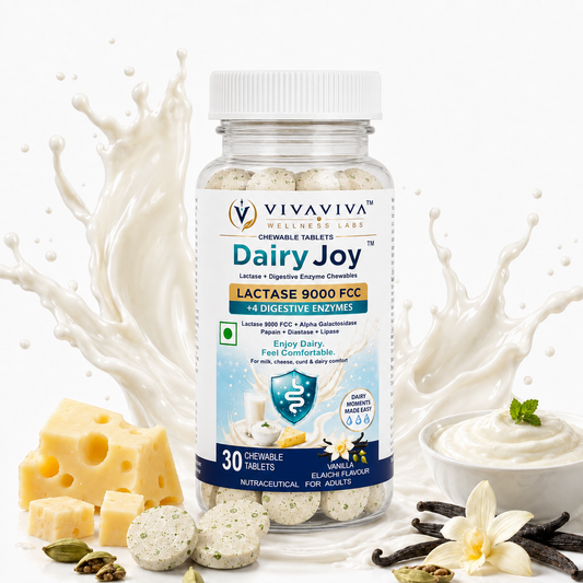VIVAVIVA DairyJoy Lactase 9000 FCC + 4 Digestive Enzymes Chewable Tablets | Lactose Intolerance & Dairy Digestion Support | Vanilla Elaichi Flavour | 30 Tablets