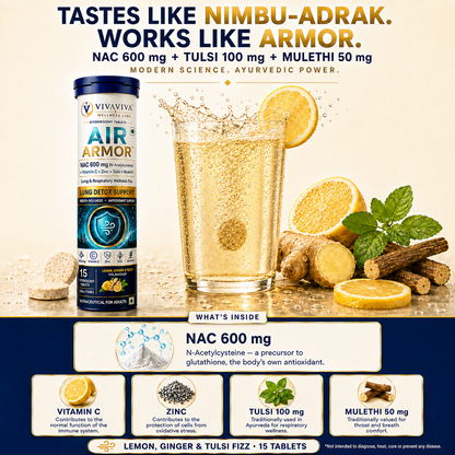 VIVAVIVA Air Armor | NAC 600 mg Lung Detox Drink for smokers and air pollution Effervescent Tablets with Tulsi, Mulethi, Vitamin C & Zinc | 30 Tablets