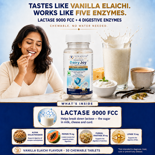 VIVAVIVA DairyJoy Lactase 9000 FCC + 4 Digestive Enzymes Chewable Tablets | Lactose Intolerance & Dairy Digestion Support | Vanilla Elaichi Flavour | 30 Tablets