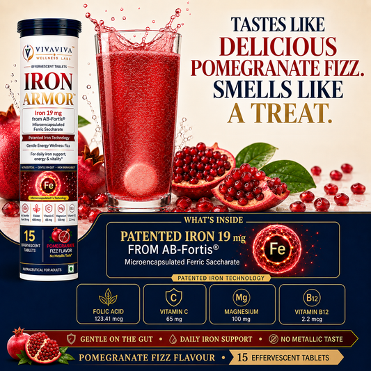 VIVAVIVA IRON ARMOR™ Effervescent Pomegranate flavor Iron Supplement | Gentle on Gut | Patented Iron Technology