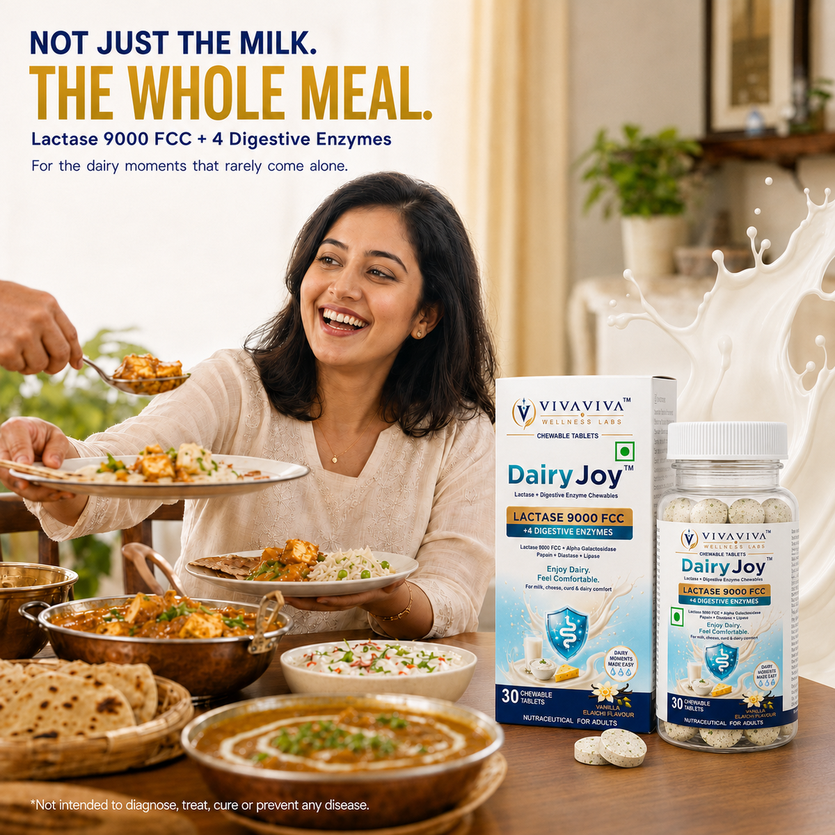 VIVAVIVA DairyJoy Lactase 9000 FCC + 4 Digestive Enzymes Chewable Tablets | Lactose Intolerance & Dairy Digestion Support | Vanilla Elaichi Flavour | 30 Tablets