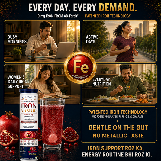 VIVAVIVA IRON ARMOR™ Effervescent Pomegranate flavor Iron Supplement | Gentle on Gut | Patented Iron Technology