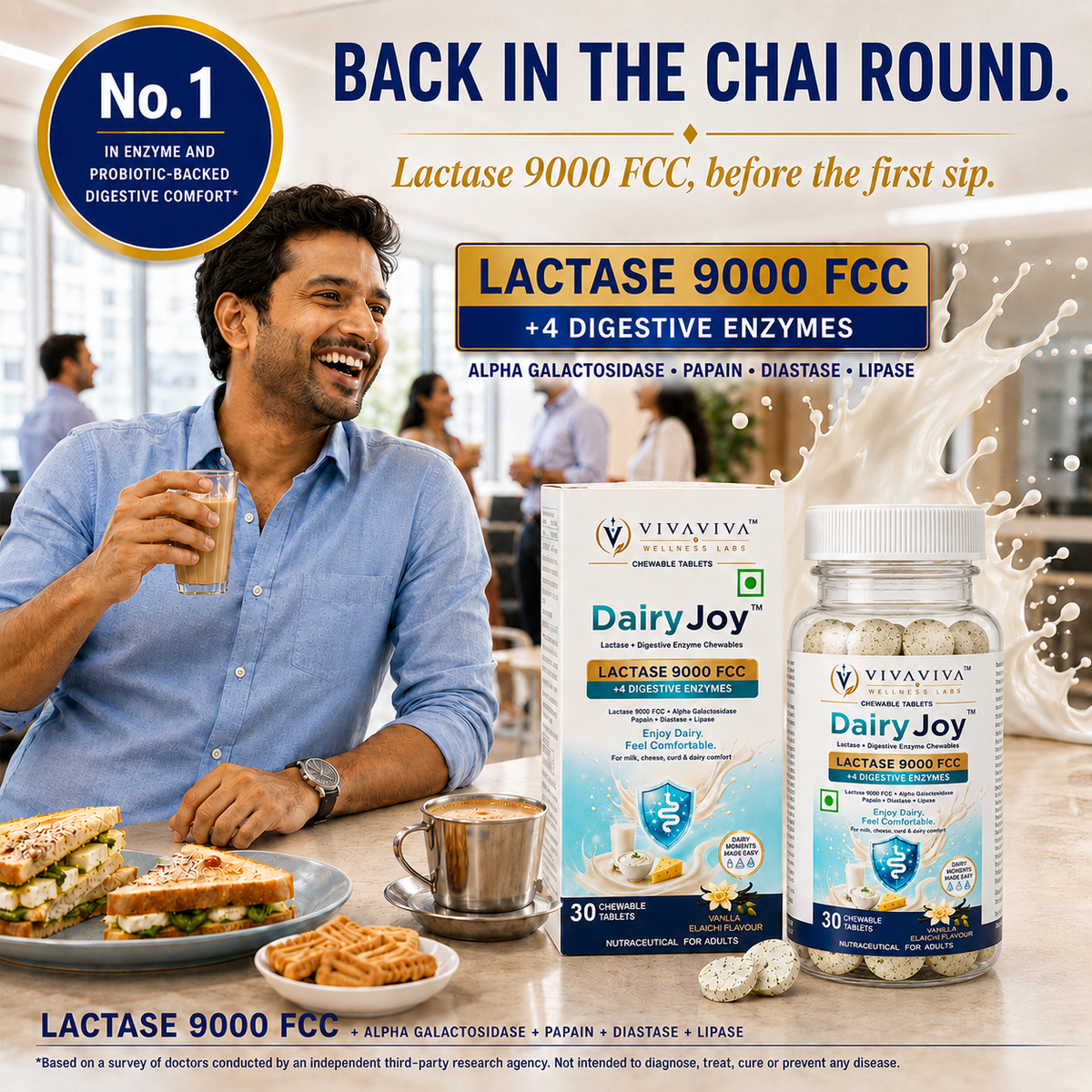 VIVAVIVA DairyJoy Lactase 9000 FCC + 4 Digestive Enzymes Chewable Tablets | Lactose Intolerance & Dairy Digestion Support | Vanilla Elaichi Flavour | 30 Tablets