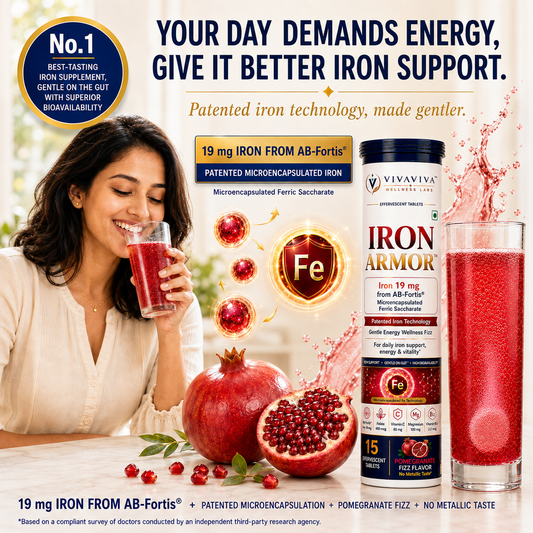 VIVAVIVA IRON ARMOR™ Effervescent Pomegranate flavor Iron Supplement | Gentle on Gut | Patented Iron Technology