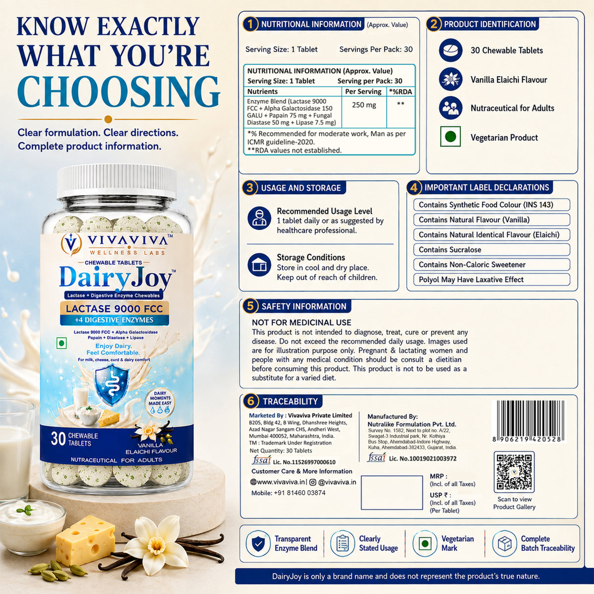 VIVAVIVA DairyJoy Lactase 9000 FCC + 4 Digestive Enzymes Chewable Tablets | Lactose Intolerance & Dairy Digestion Support | Vanilla Elaichi Flavour | 30 Tablets