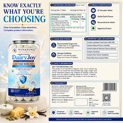 VIVAVIVA DairyJoy Lactase 9000 FCC + 4 Digestive Enzymes Chewable Tablets | Lactose Intolerance & Dairy Digestion Support | Vanilla Elaichi Flavour | 30 Tablets