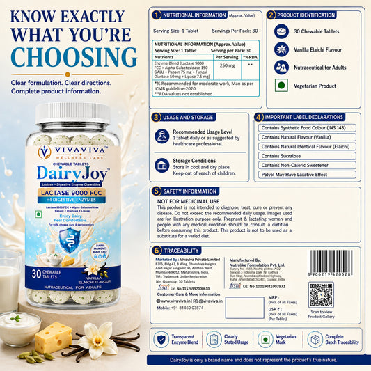 VIVAVIVA DairyJoy Lactase 9000 FCC + 4 Digestive Enzymes Chewable Tablets | Lactose Intolerance & Dairy Digestion Support | Vanilla Elaichi Flavour | 30 Tablets
