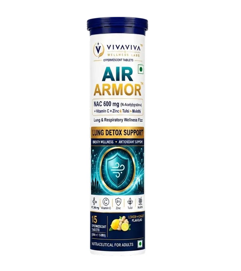 VIVAVIVA Air Armor | NAC 600 mg Lung Detox Drink for smokers and air pollution Effervescent Tablets with Tulsi, Mulethi, Vitamin C & Zinc | 30 Tablets