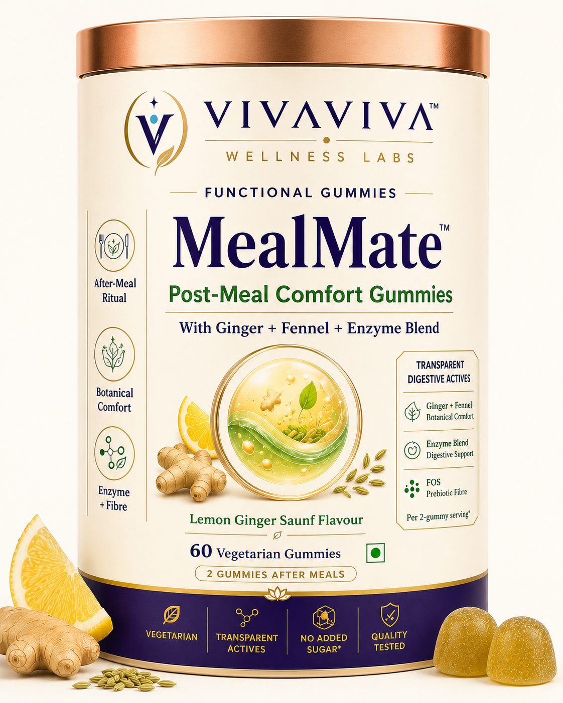 VIVAVIVA MealMate™ Post-Meal Comfort Gummies – Ginger, Fennel & Enzyme Blend | Lemon Ginger Saunf Flavour | 60 Vegetarian Gummies