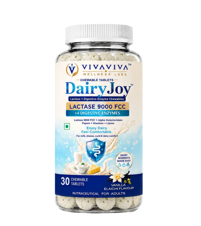 VIVAVIVA DairyJoy Lactase 9000 FCC + 4 Digestive Enzymes Chewable Tablets | Lactose Intolerance & Dairy Digestion Support | Vanilla Elaichi Flavour | 30 Tablets