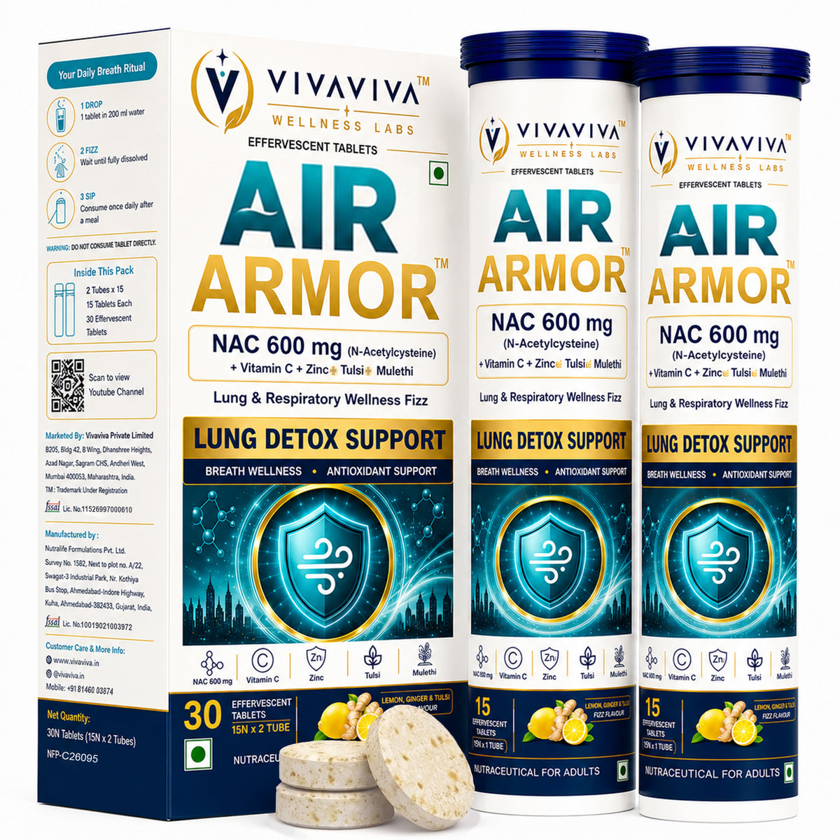 VIVAVIVA Air Armor | NAC 600 mg Lung Detox Drink for smokers and air pollution Effervescent Tablets with Tulsi, Mulethi, Vitamin C & Zinc | 30 Tablets