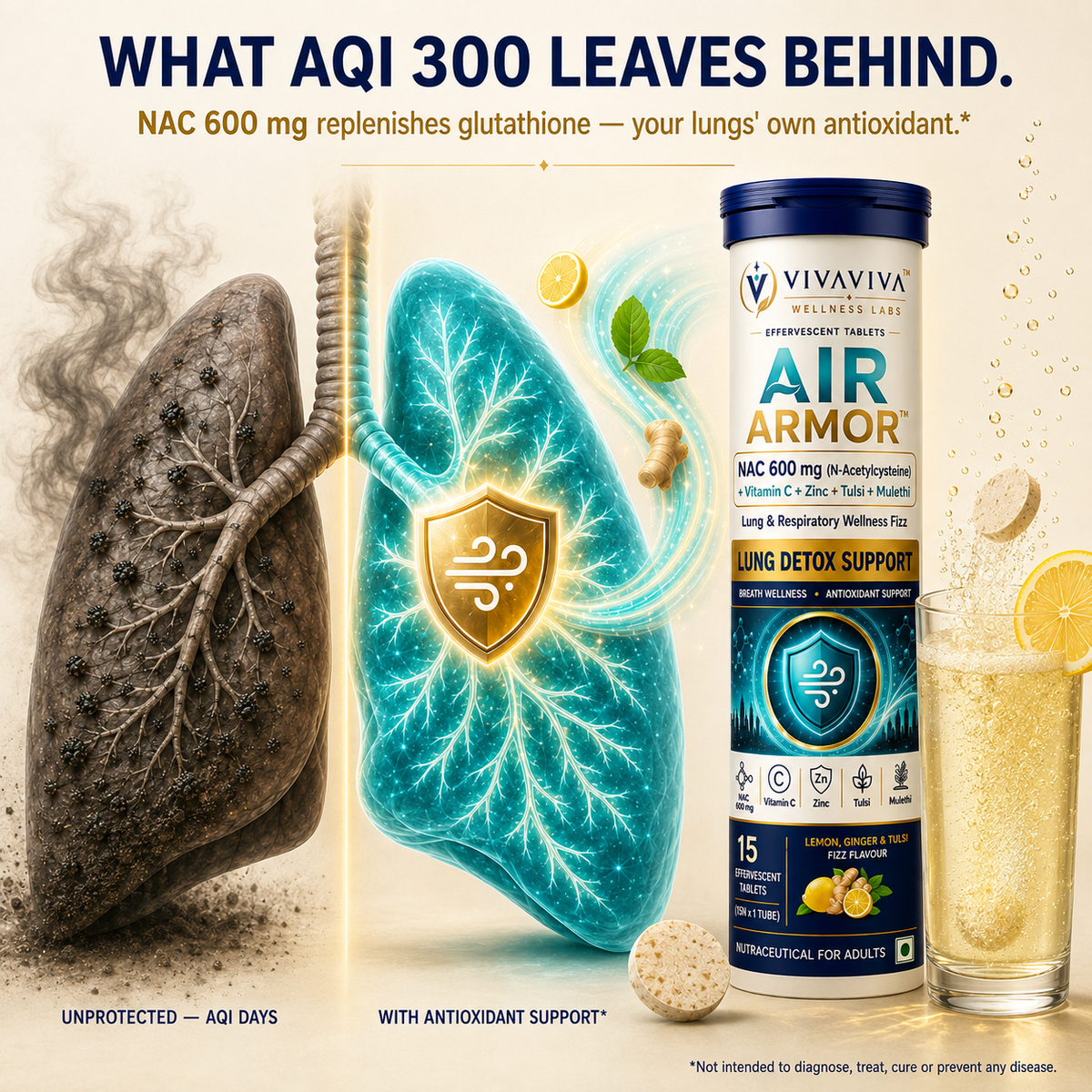 VIVAVIVA Air Armor | NAC 600 mg Lung Detox Drink for smokers and air pollution Effervescent Tablets with Tulsi, Mulethi, Vitamin C & Zinc | 30 Tablets