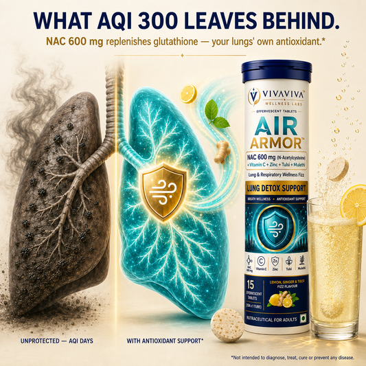 VIVAVIVA Air Armor | NAC 600 mg Lung Detox Drink for smokers and air pollution Effervescent Tablets with Tulsi, Mulethi, Vitamin C & Zinc | 30 Tablets