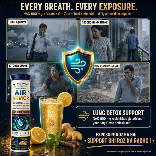 VIVAVIVA Air Armor | NAC 600 mg Lung Detox Drink for smokers and air pollution Effervescent Tablets with Tulsi, Mulethi, Vitamin C & Zinc | 30 Tablets