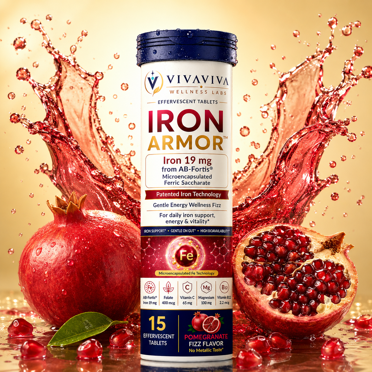 VIVAVIVA IRON ARMOR™ Effervescent Pomegranate flavor Iron Supplement | Gentle on Gut | Patented Iron Technology